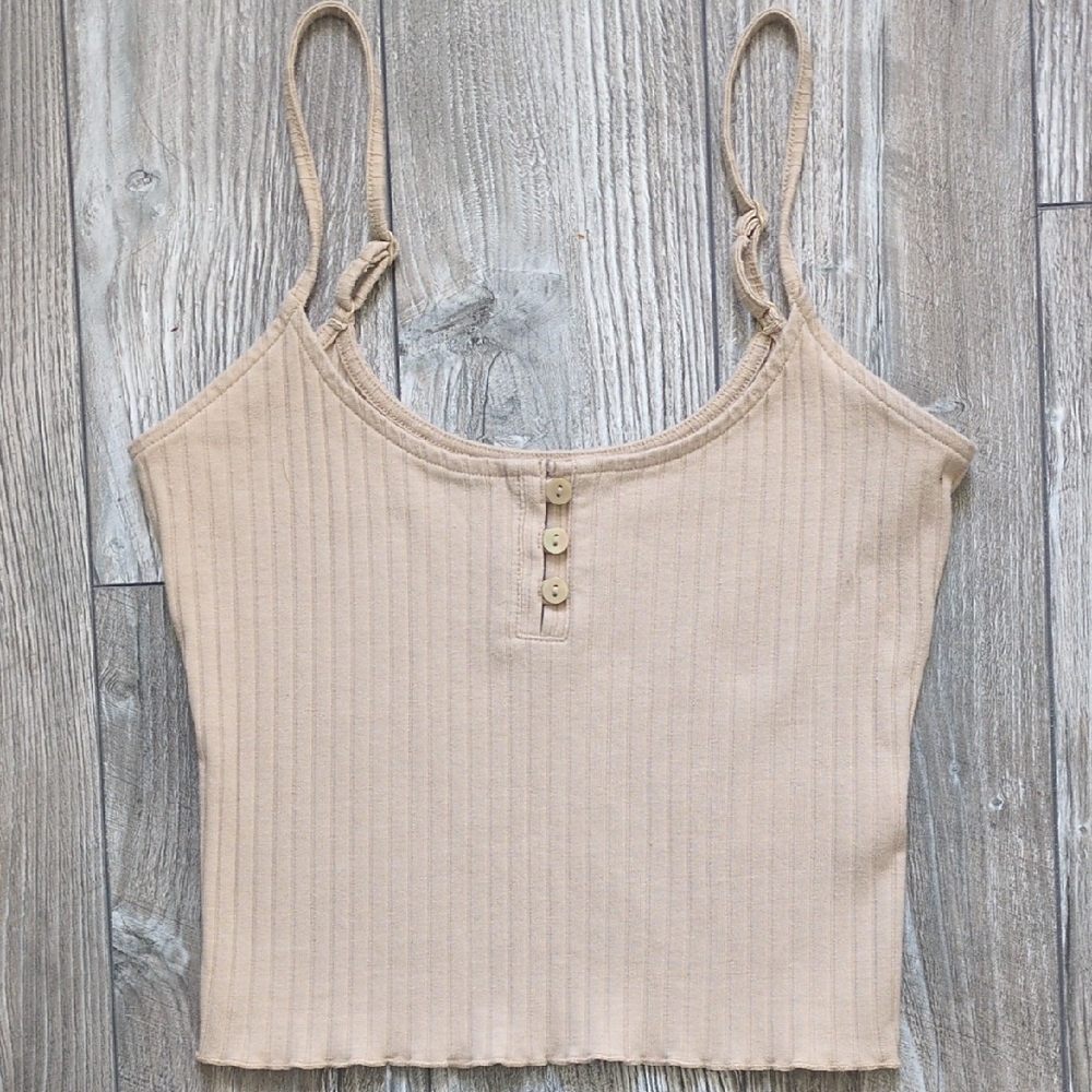 American Eagle Outfitters Tan Cropped Ribbed Button-Front Cami XS